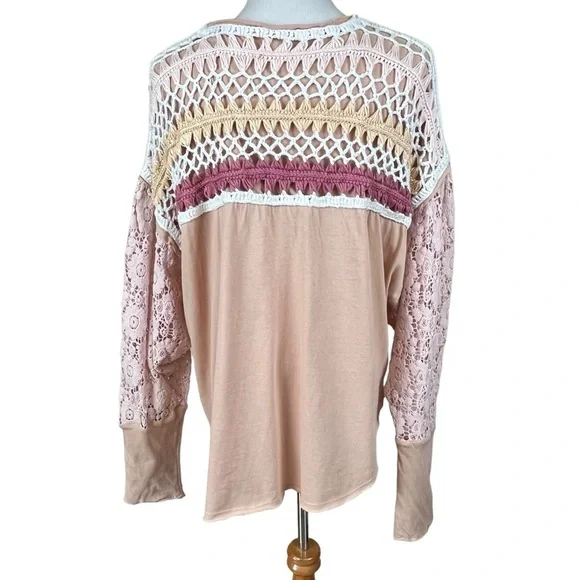 Free People High Hopes Cotton Crocheted-Yoke Lace-Sleeved Top Size Large - Picture 5 of 11
